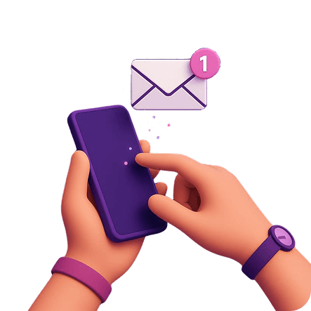 Yelppyn asiakasviestintä – violetti puhelin ja viestikuvake symboloivat sähköposti- ja tekstiviestimarkkinointia.