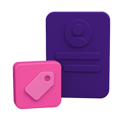 Yelppyn tuotteet ja asiakashallinta – violetti asiakaskortti ja pinkki tuotelappu symboloivat asiakas- ja tuoterekisterien hallintaa.