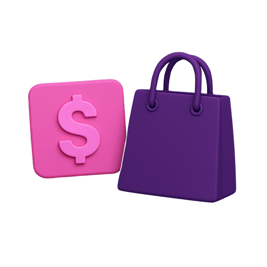 Yelppyn myynnin ja laskutuksen ominaisuus – kuvassa violetti ostoskassi ja vaaleanpunainen dollarimerkki.