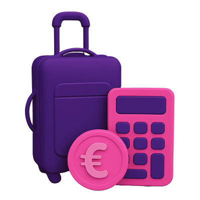 Yelppyn matka- ja kulukorvaukset – violetti matkalaukku, pinkki laskin ja eurokuvake kuvaavat työntekijöiden kulujen hallintaa.
